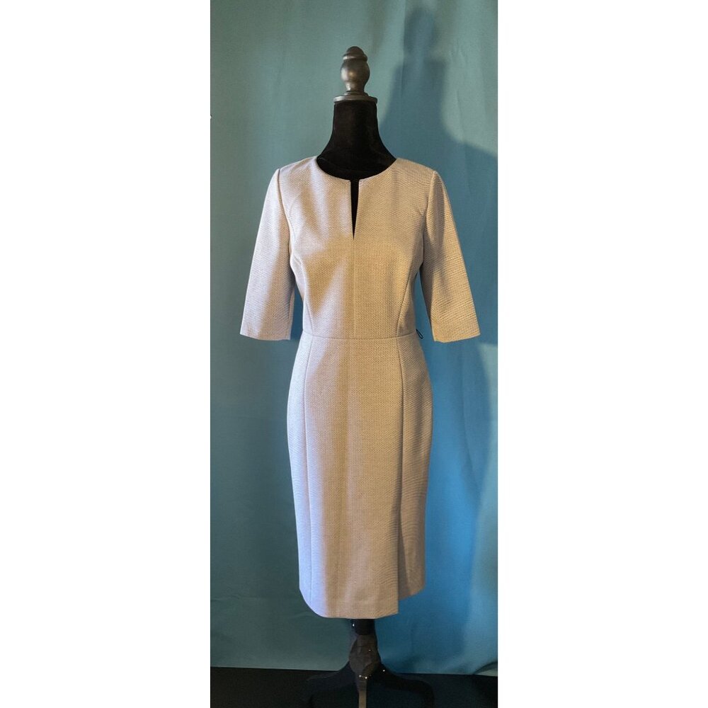 Classiques Entier Gray Textured Sheath Dress With Elbow Sleeves & Back Zipper Wo